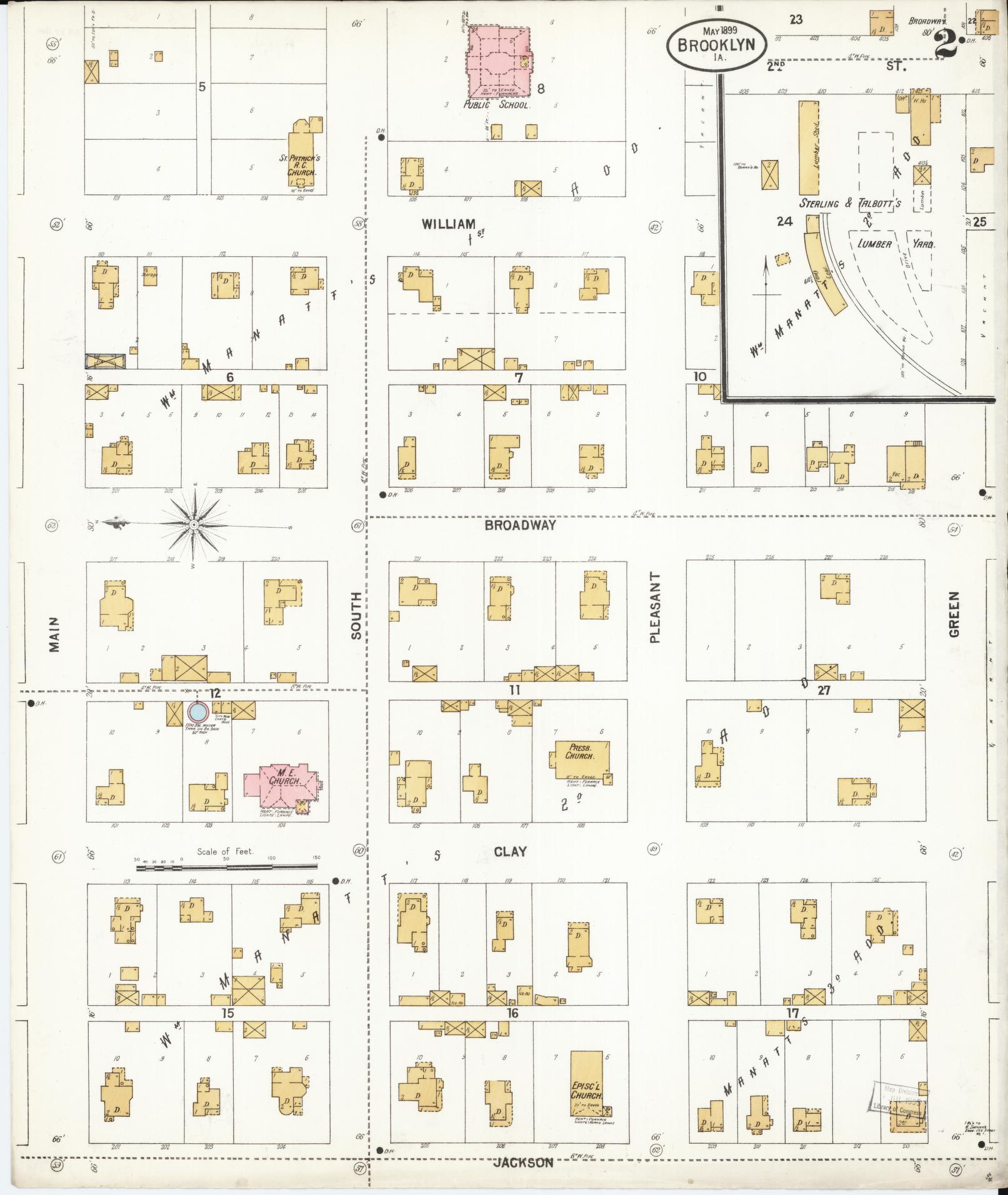 Sanborn Fire Insurance Map from Brooklyn, Poweshiek County, Iowa (1899), Sheet #0002 - Historic Sanborn Fire Insurance Map Print, vintage old map wall art