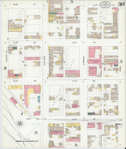 Sanborn Fire Insurance Map from El Paso, El Paso County, Texas (1905), Sheet #0030 - Historic Sanborn Fire Insurance Map Print, vintage old map wall art, antique decor, genealogy gift, Texas Texas map