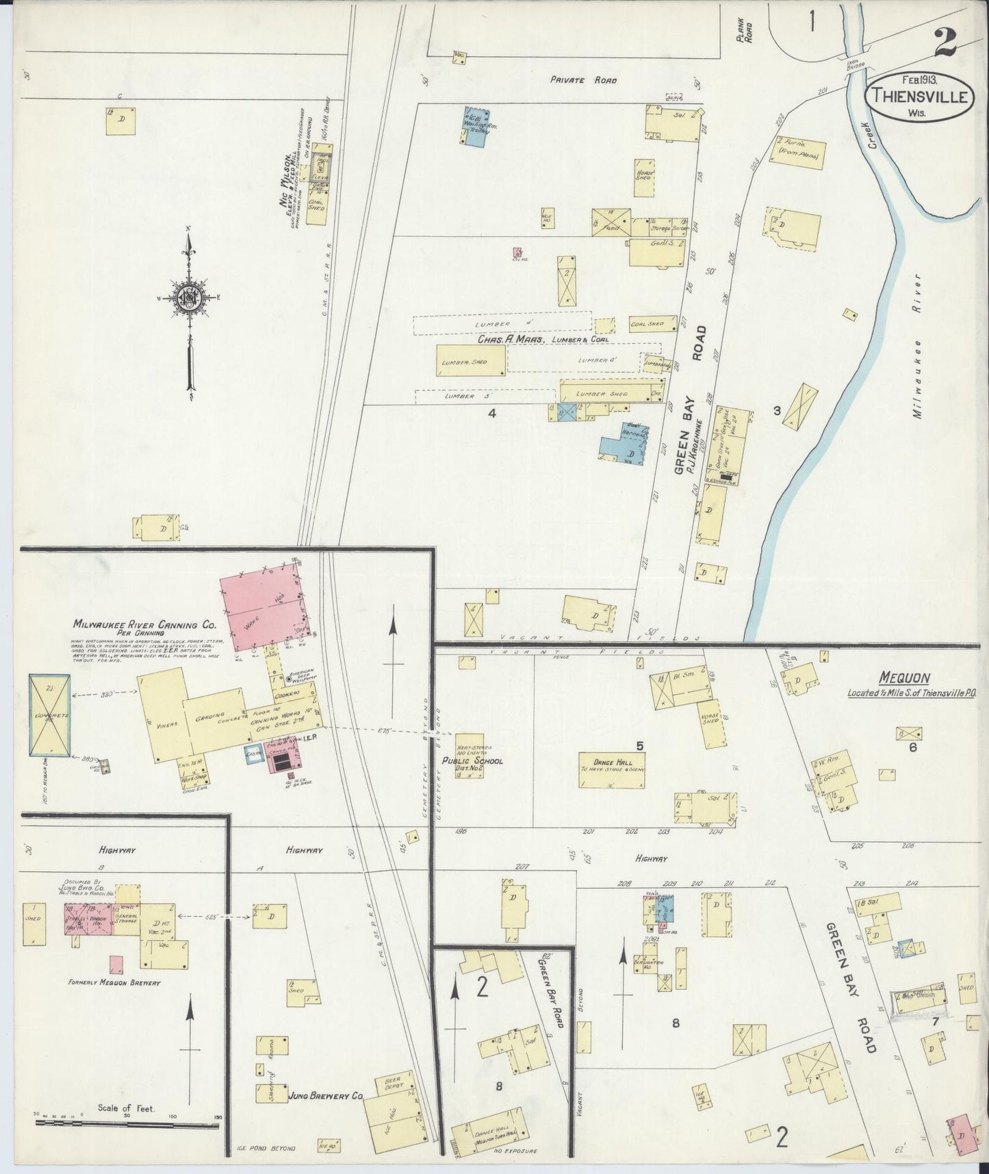 Sanborn Fire Insurance Map from Thiensville, Ozaukee County, Wisconsin (1913), Sheet #0002 - Historic Sanborn Fire Insurance Map Print, vintage old map wall art, antique decor, genealogy gift, Wisconsin Wisconsin map