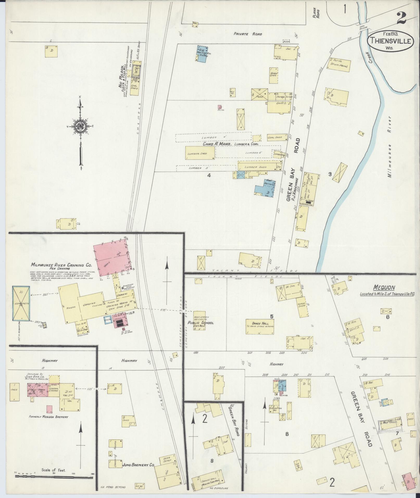 Sanborn Fire Insurance Map from Thiensville, Ozaukee County, Wisconsin (1913), Sheet #0002 - Historic Sanborn Fire Insurance Map Print, vintage old map wall art, antique decor, genealogy gift, Wisconsin Wisconsin map