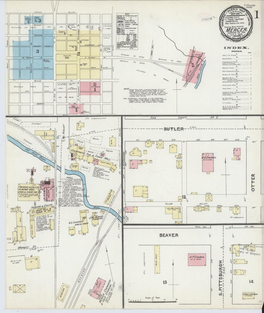 Sanborn Fire Insurance Map from Mercer, Mercer County, Pennsylvania (1891), Sheet #0001 - Complete Map Set gallery image, historic Sanborn map, vintage wall art, Pennsylvania Pennsylvania
