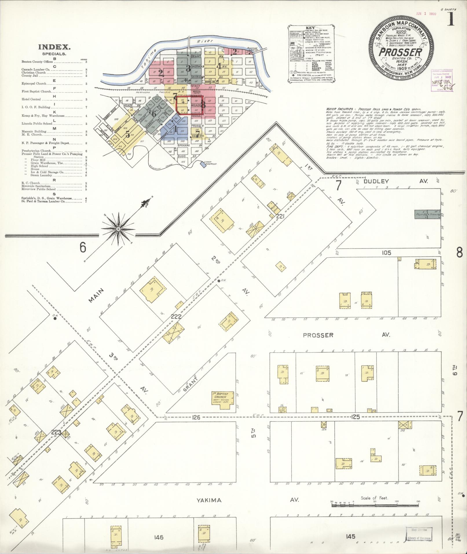Sanborn Fire Insurance Map from Prosser, Benton County, Washington (1909), Sheet #0001 - Complete Map Set gallery image, historic Sanborn map, vintage wall art, Washington Washington
