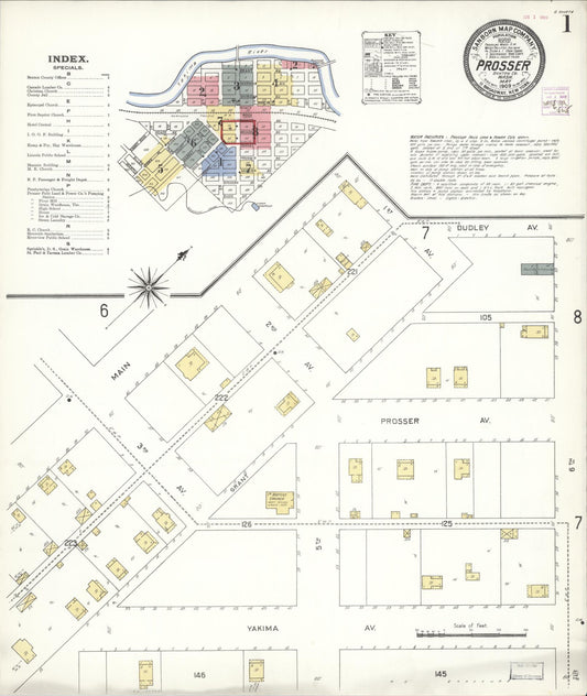 Sanborn Fire Insurance Map from Prosser, Benton County, Washington (1909), Sheet #0001 - Complete Map Set gallery image, historic Sanborn map, vintage wall art, Washington Washington