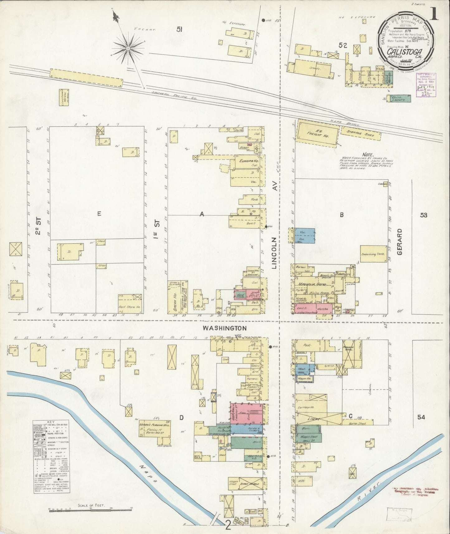 Sanborn Fire Insurance Map from Calistoga, Napa County, California (1901), Sheet #0001 - Historic Sanborn Fire Insurance Map Print, vintage old map wall art, antique decor, genealogy gift, California California map