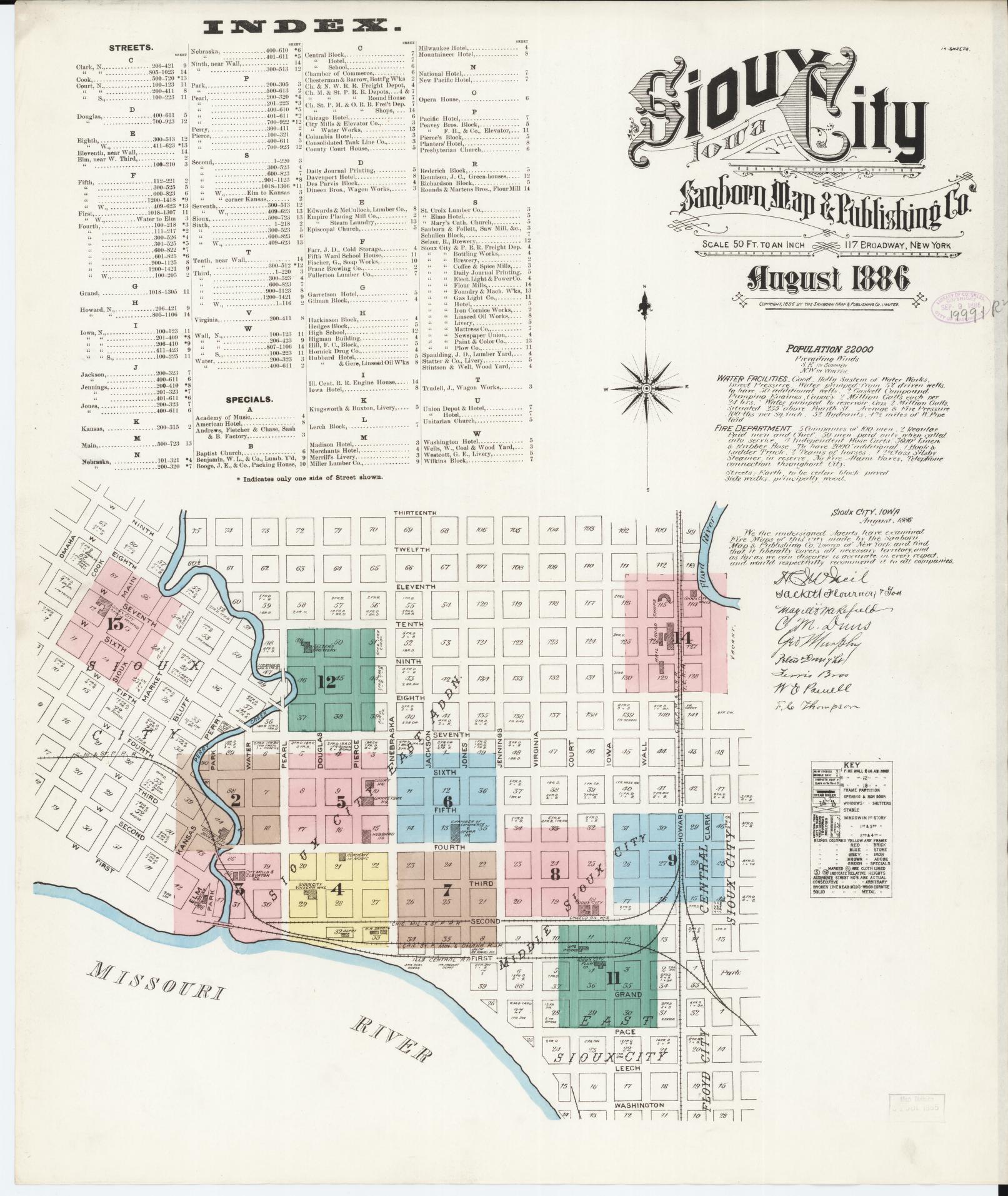 Sanborn Fire Insurance Map from Sioux City, Woodbury County, Iowa (1886), Sheet #0001 - Historic Sanborn Fire Insurance Map Print, vintage old map wall art