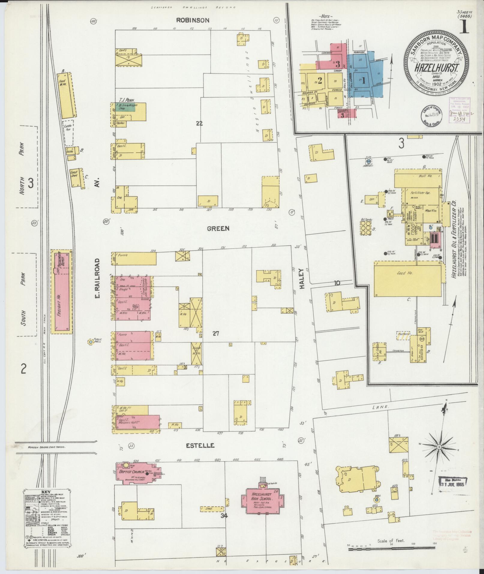 Sanborn Fire Insurance Map from Hazlehurst, Copiah County, Mississippi (1902), Sheet #0001 - Complete Map Set gallery image, historic Sanborn map, vintage wall art, Mississippi Mississippi