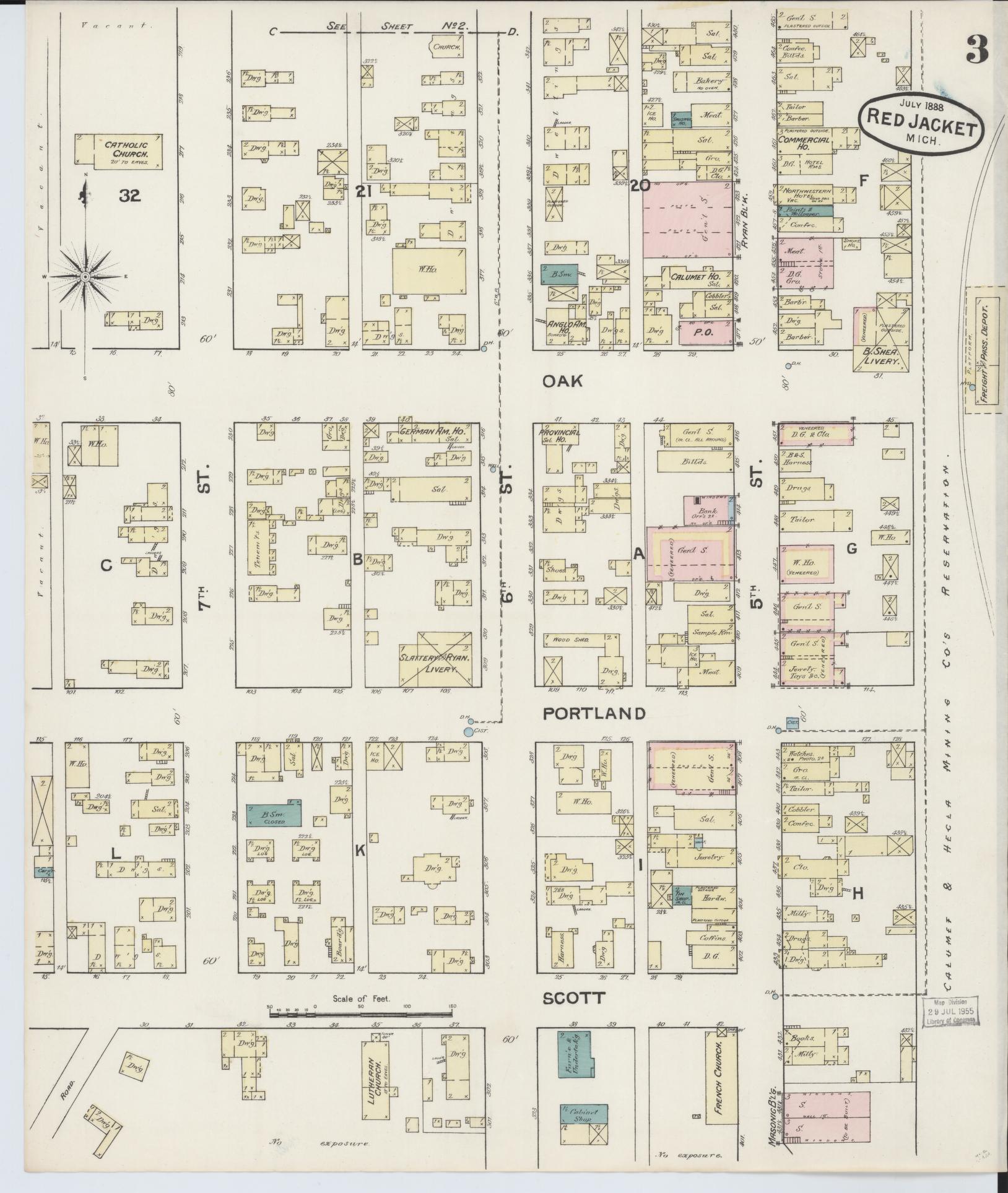 Sanborn Fire Insurance Map from Red Jacket, Houghton County, Michigan (1888), Sheet #0003 - Complete Map Set gallery image, historic Sanborn map, vintage wall art, Michigan Michigan