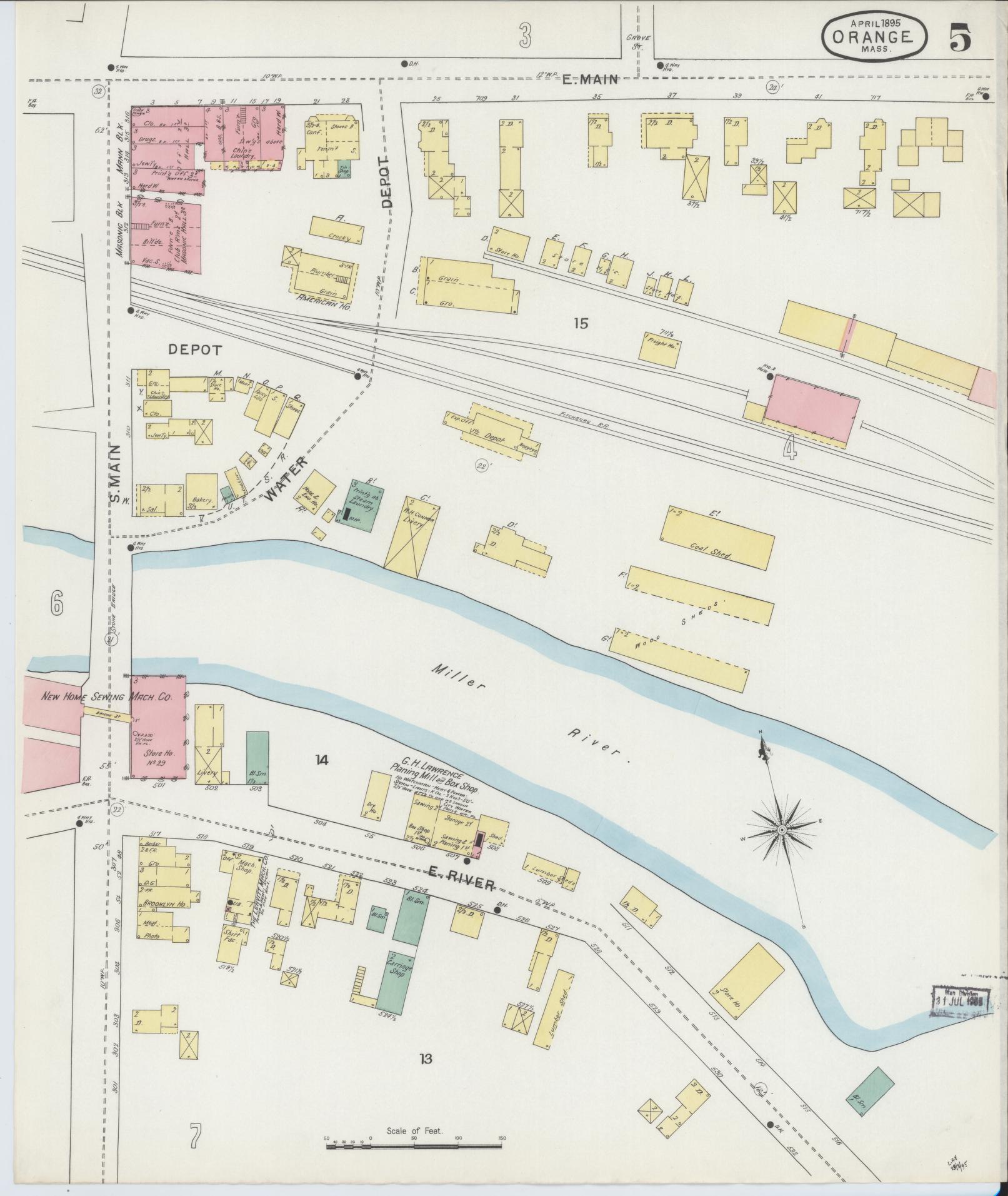 Sanborn Fire Insurance Map from Orange, Franklin County, Massachusetts (1895), Sheet #0005 - Historic Sanborn Fire Insurance Map Print, vintage old map wall art, antique decor, genealogy gift, Massachusetts Massachusetts map