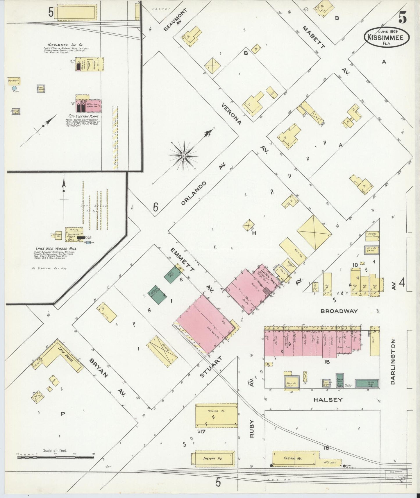 Sanborn Fire Insurance Map from Kissimmee, Osceola County, Florida (1909), Sheet #0005 - Historic Sanborn Fire Insurance Map Print, vintage old map wall art, antique decor, genealogy gift, Florida Florida map