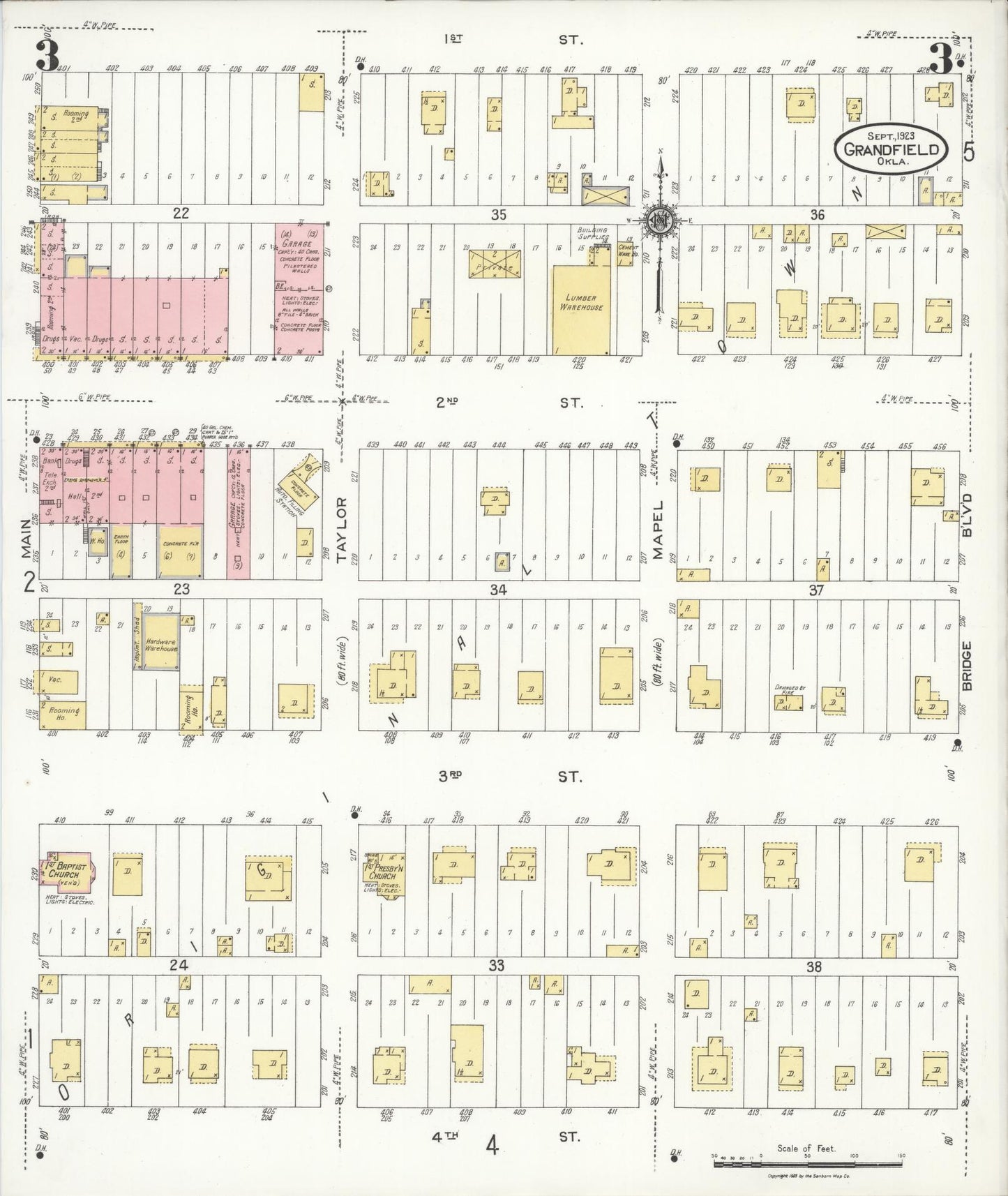 Sanborn Fire Insurance Map from Grandfield, Tillman County, Oklahoma (1923), Sheet #0003 - Historic Sanborn Fire Insurance Map Print, vintage old map wall art, antique decor, genealogy gift, Oklahoma Oklahoma map