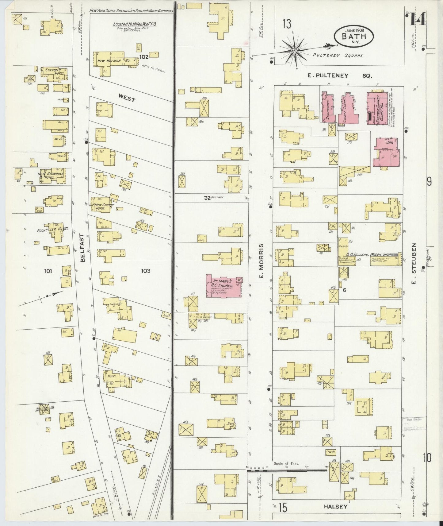 Sanborn Fire Insurance Map from Bath, Steuben County, New York (1909), Sheet #0014 - Complete Map Set gallery image, historic Sanborn map, vintage wall art, New York New York