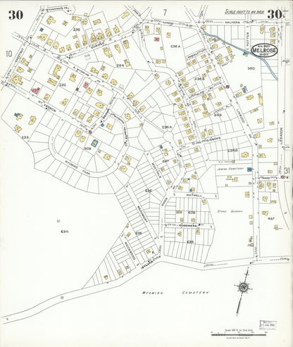 Sanborn Fire Insurance Map from Melrose, Middlesex County, Massachusetts (1923), Sheet #0030 - Historic Sanborn Fire Insurance Map Print, vintage old map wall art, antique decor, genealogy gift, Massachusetts Massachusetts map