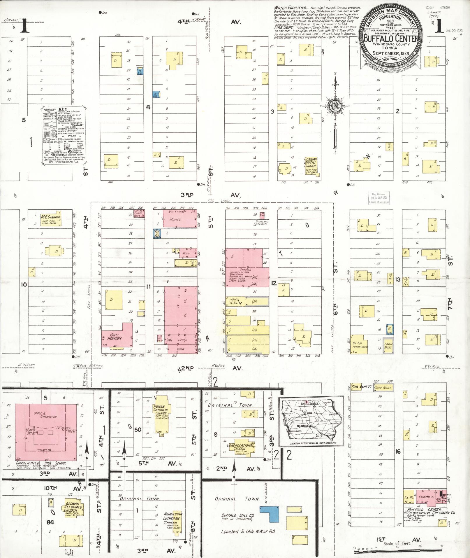Sanborn Fire Insurance Map from Buffalo Center, Winnebago County, Iowa (1923), Sheet #0001 - Historic Sanborn Fire Insurance Map Print, vintage old map wall art