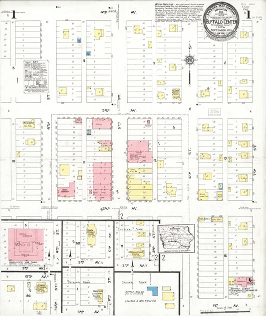 Sanborn Fire Insurance Map from Buffalo Center, Winnebago County, Iowa (1923), Sheet #0001 - Historic Sanborn Fire Insurance Map Print, vintage old map wall art