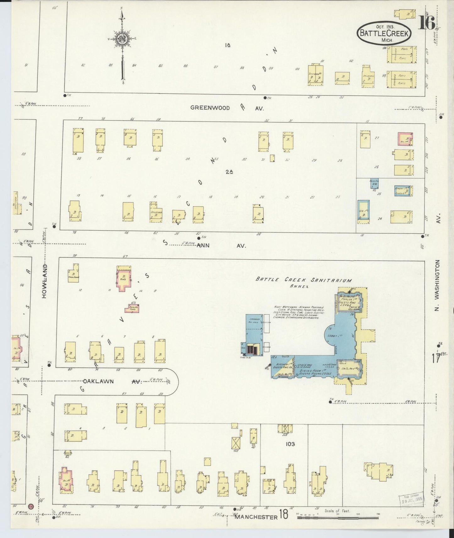 Sanborn Fire Insurance Map from Battle Creek, Calhoun County, Michigan (1913), Sheet #0016 - Historic Sanborn Fire Insurance Map Print, vintage old map wall art, antique decor, genealogy gift, Michigan Michigan map