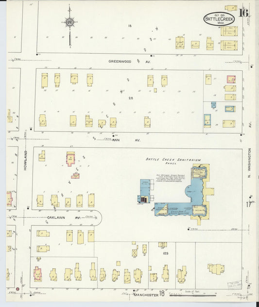Sanborn Fire Insurance Map from Battle Creek, Calhoun County, Michigan (1913), Sheet #0016 - Historic Sanborn Fire Insurance Map Print, vintage old map wall art, antique decor, genealogy gift, Michigan Michigan map