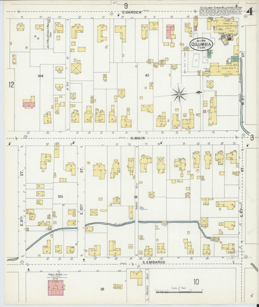 Sanborn Fire Insurance Map from Columbia, Maury County, Tennessee (1899), Sheet #0004 - Historic Sanborn Fire Insurance Map Print, vintage old map wall art, antique decor, genealogy gift, Tennessee Tennessee map