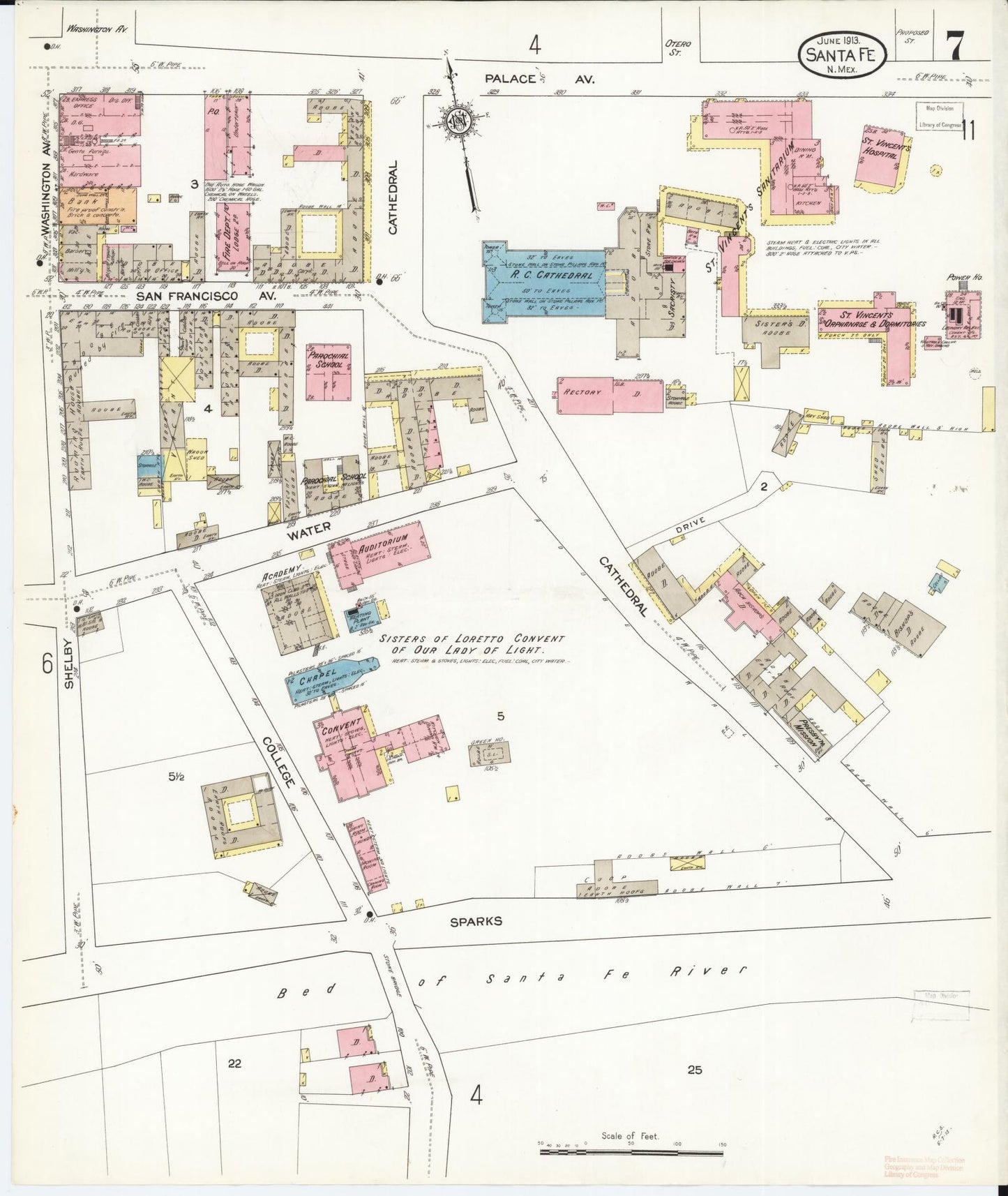 Sanborn Fire Insurance Map from Santa Fe, Santa Fe County, New Mexico (1913), Sheet #0007 - Complete Map Set gallery image, historic Sanborn map, vintage wall art, New Mexico New Mexico