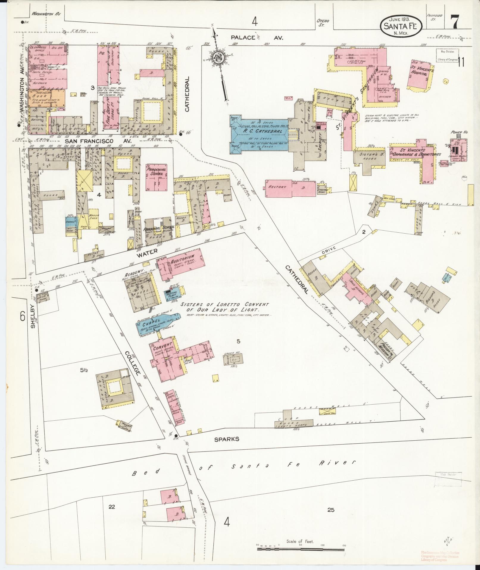 Sanborn Fire Insurance Map from Santa Fe, Santa Fe County, New Mexico (1913), Sheet #0007 - Complete Map Set gallery image, historic Sanborn map, vintage wall art, New Mexico New Mexico