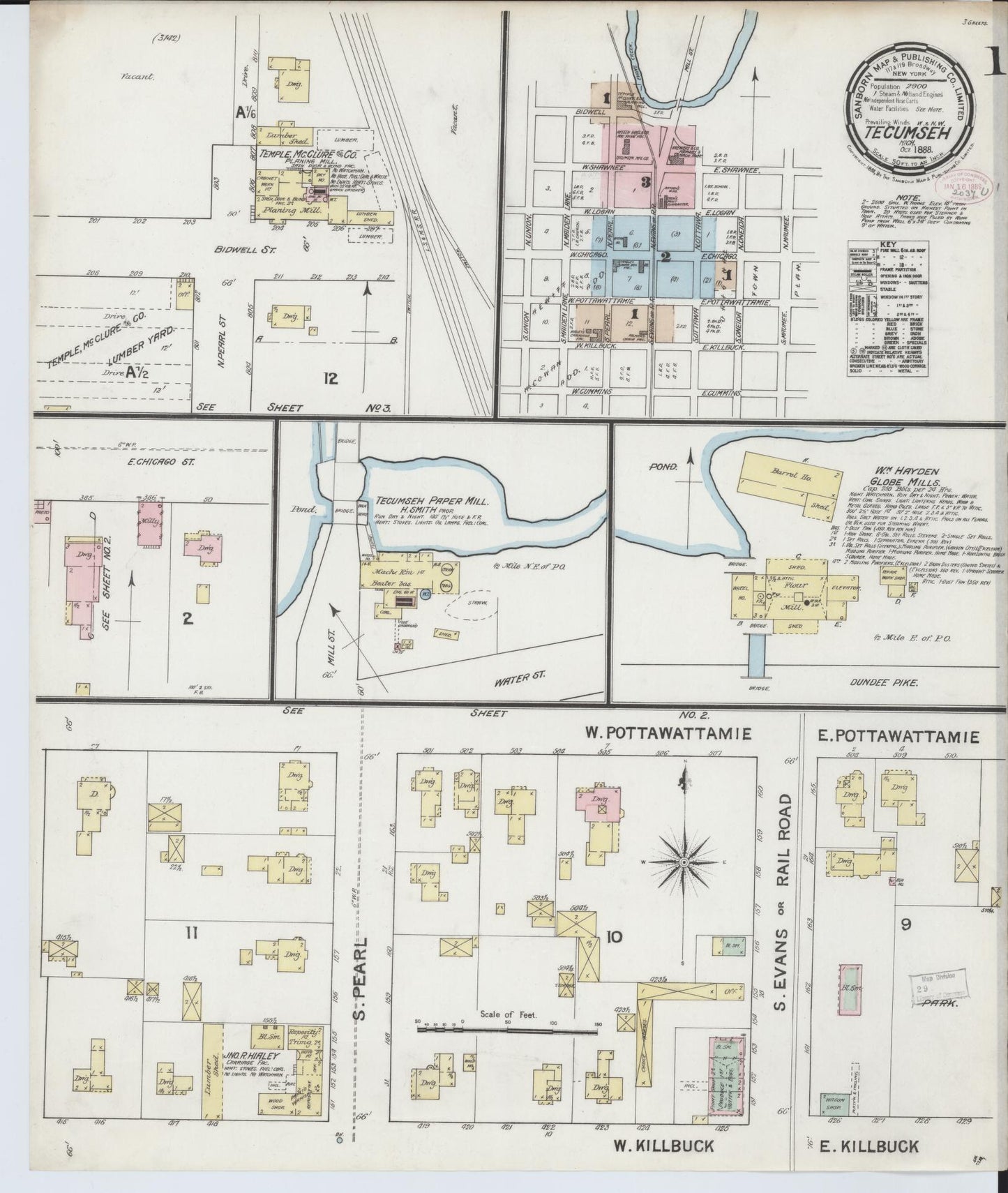 Sanborn Fire Insurance Map from Tecumseh, Lenawee County, Michigan (1888), Sheet #0001 - Historic Sanborn Fire Insurance Map Print, vintage old map wall art, antique decor, genealogy gift, Michigan Michigan map