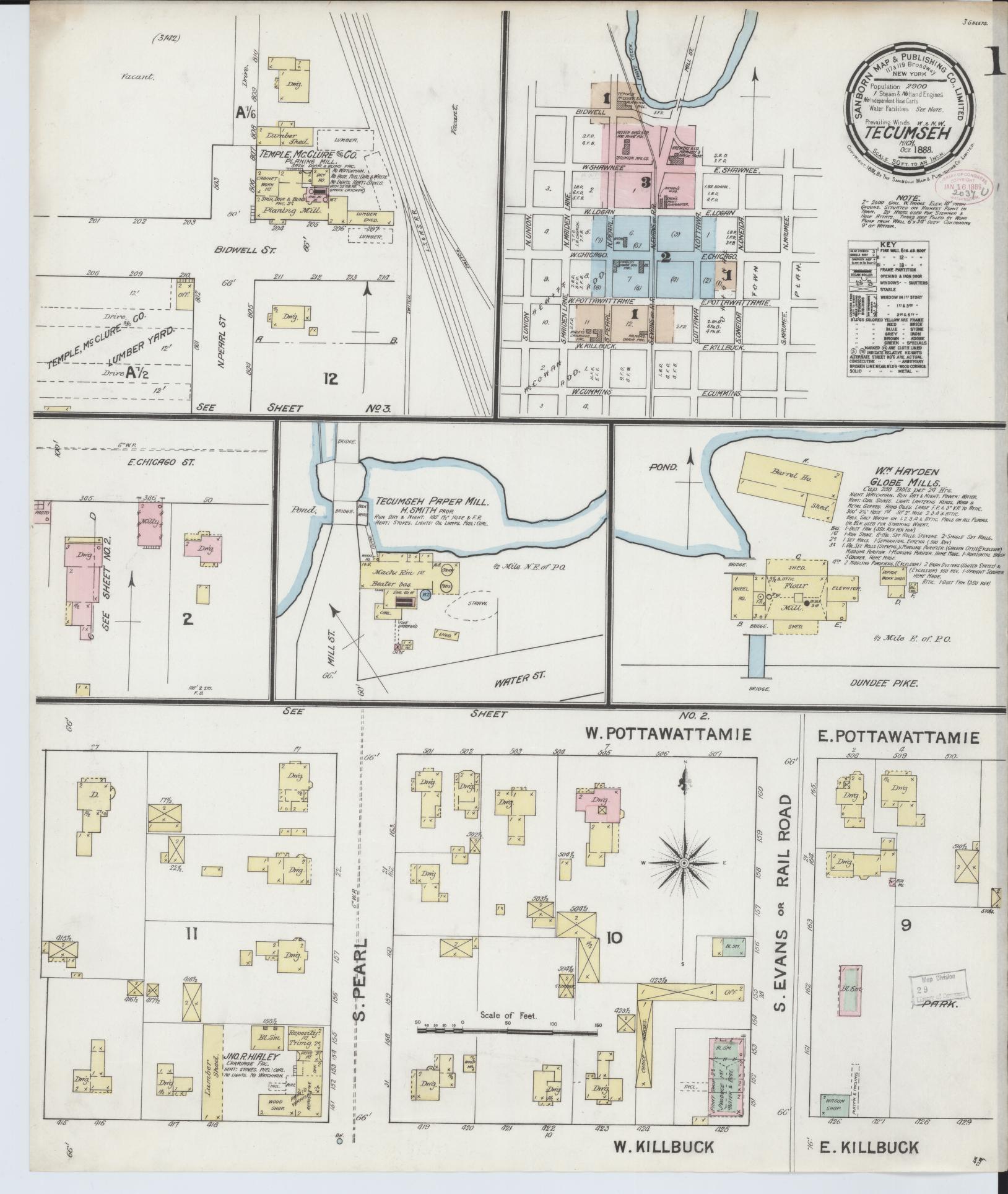 Sanborn Fire Insurance Map from Tecumseh, Lenawee County, Michigan (1888), Sheet #0001 - Historic Sanborn Fire Insurance Map Print, vintage old map wall art, antique decor, genealogy gift, Michigan Michigan map