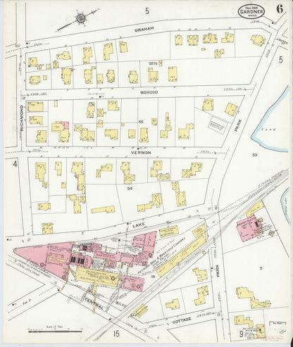 Sanborn Fire Insurance Map from Gardner, Worcester County, Massachusetts (1909), Sheet #0006 - Historic Sanborn Fire Insurance Map Print, vintage old map wall art, antique decor, genealogy gift, Massachusetts Massachusetts map