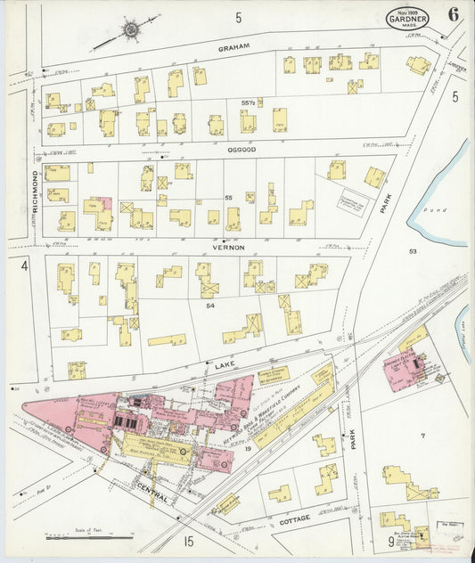 Sanborn Fire Insurance Map from Gardner, Worcester County, Massachusetts (1909), Sheet #0006 - Historic Sanborn Fire Insurance Map Print, vintage old map wall art, antique decor, genealogy gift, Massachusetts Massachusetts map