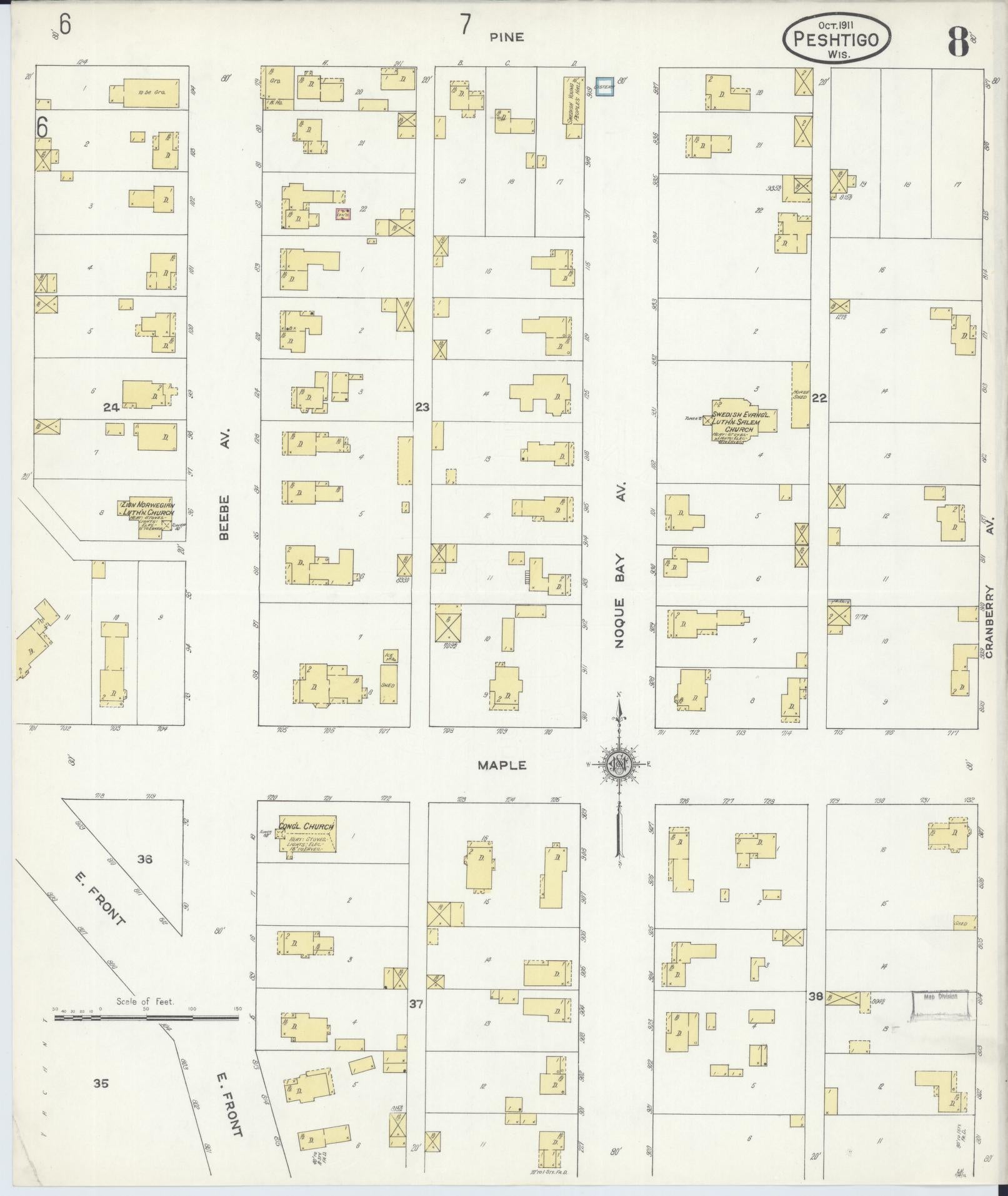 Sanborn Fire Insurance Map from Peshtigo, Marinette County, Wisconsin (1911), Sheet #0008 - Historic Sanborn Fire Insurance Map Print, vintage old map wall art, antique decor, genealogy gift, Wisconsin Wisconsin map