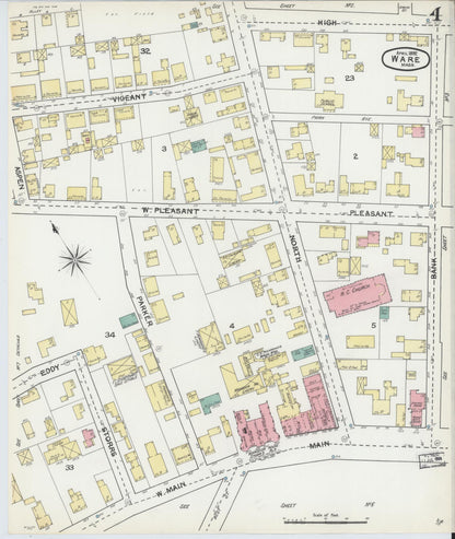 Sanborn Fire Insurance Map from Ware, Hampshire County, Massachusetts (1892), Sheet #0004 - Historic Sanborn Fire Insurance Map Print, vintage old map wall art, antique decor, genealogy gift, Massachusetts Massachusetts map