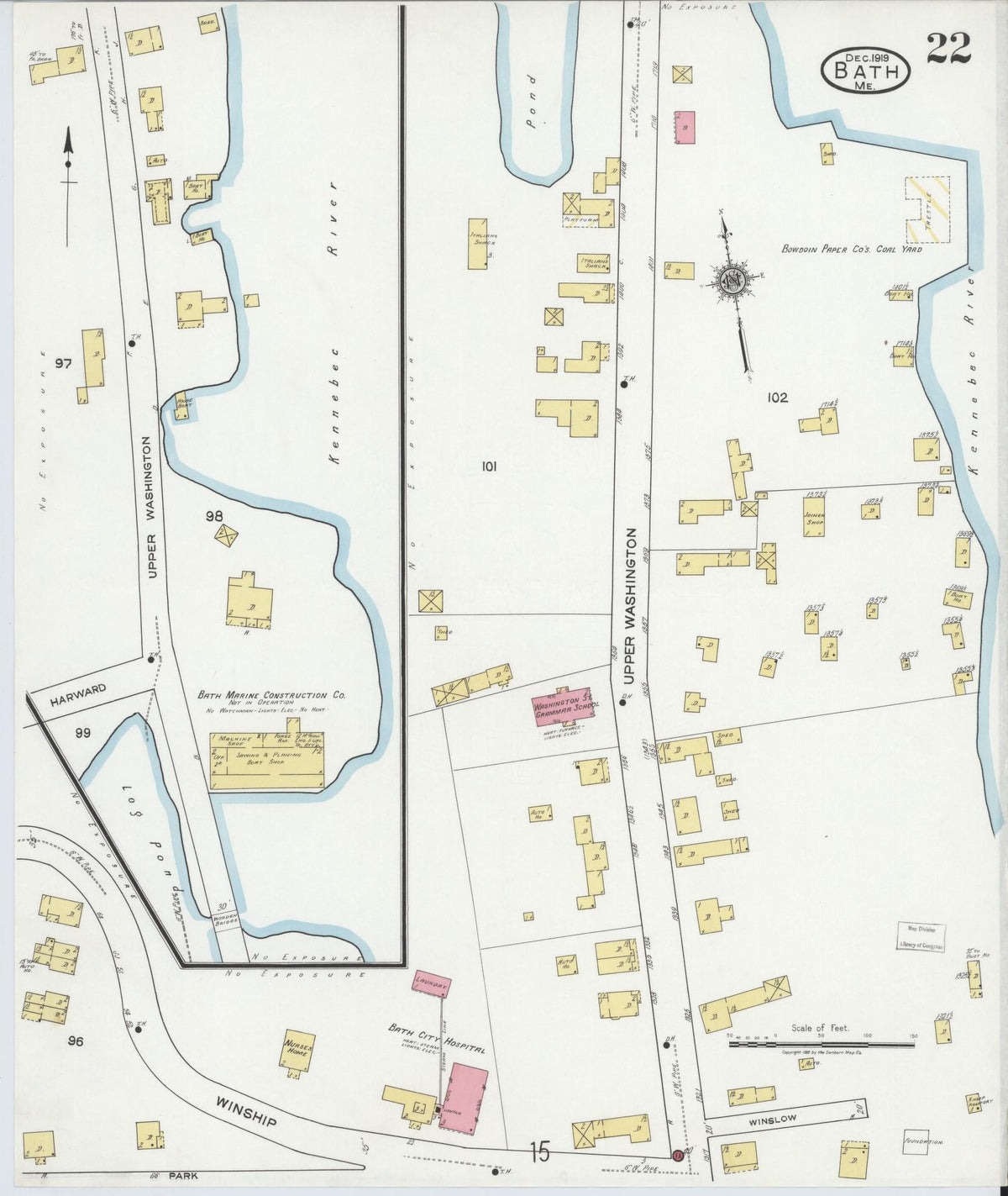 Sanborn Fire Insurance Map from Bath, Sagadahoc County, Maine (1919), Sheet #0022 - Historic Sanborn Fire Insurance Map Print, vintage old map wall art, antique decor, genealogy gift, Maine Maine map