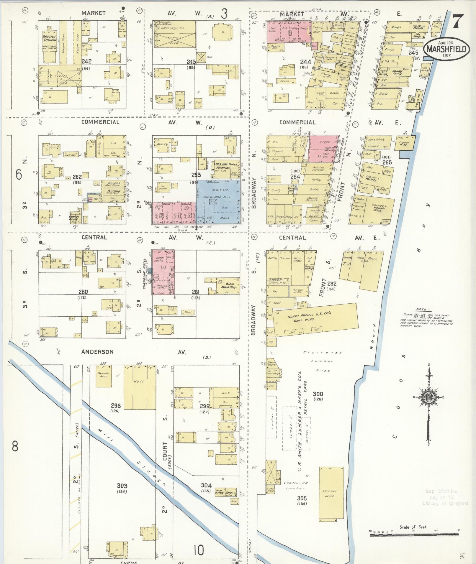 Sanborn Fire Insurance Map from Marshfield, Coos County, Oregon (1911), Sheet #0007 - Historic Sanborn Fire Insurance Map Print, vintage old map wall art, antique decor, genealogy gift, Oregon Oregon map