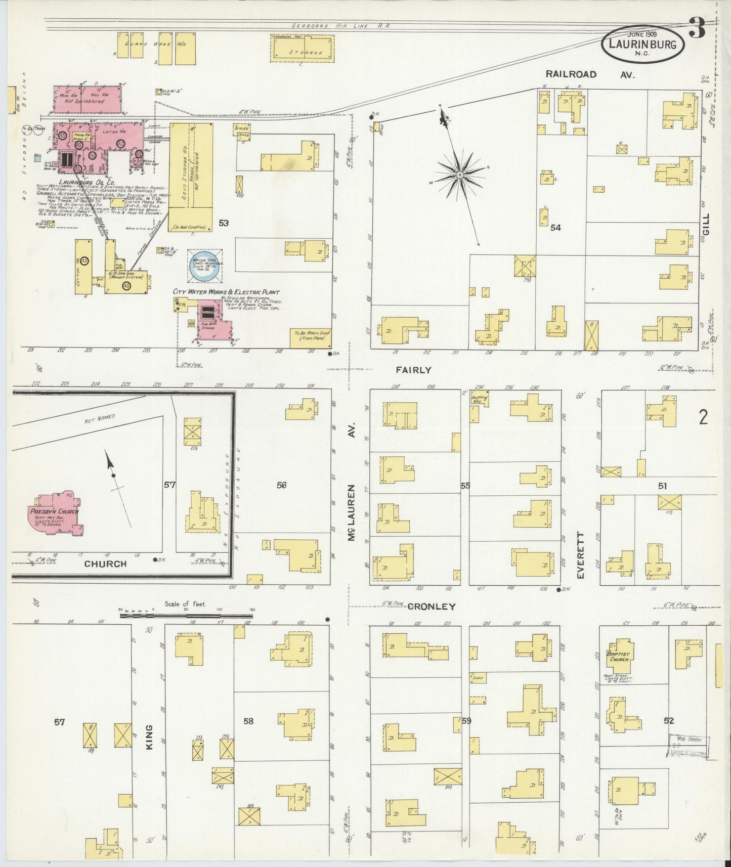 Sanborn Fire Insurance Map from Laurinburg, Scotland County, North Carolina (1909), Sheet #0003 - Complete Map Set gallery image, historic Sanborn map, vintage wall art, North Carolina North Carolina
