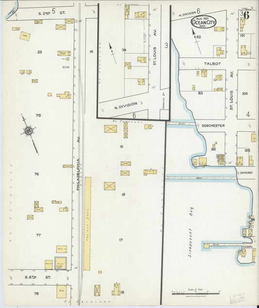 Sanborn Fire Insurance Map from Ocean City, Worcester County, Maryland (1921), Sheet #0006 - Historic Sanborn Fire Insurance Map Print, vintage old map wall art, antique decor, genealogy gift, Maryland Maryland map