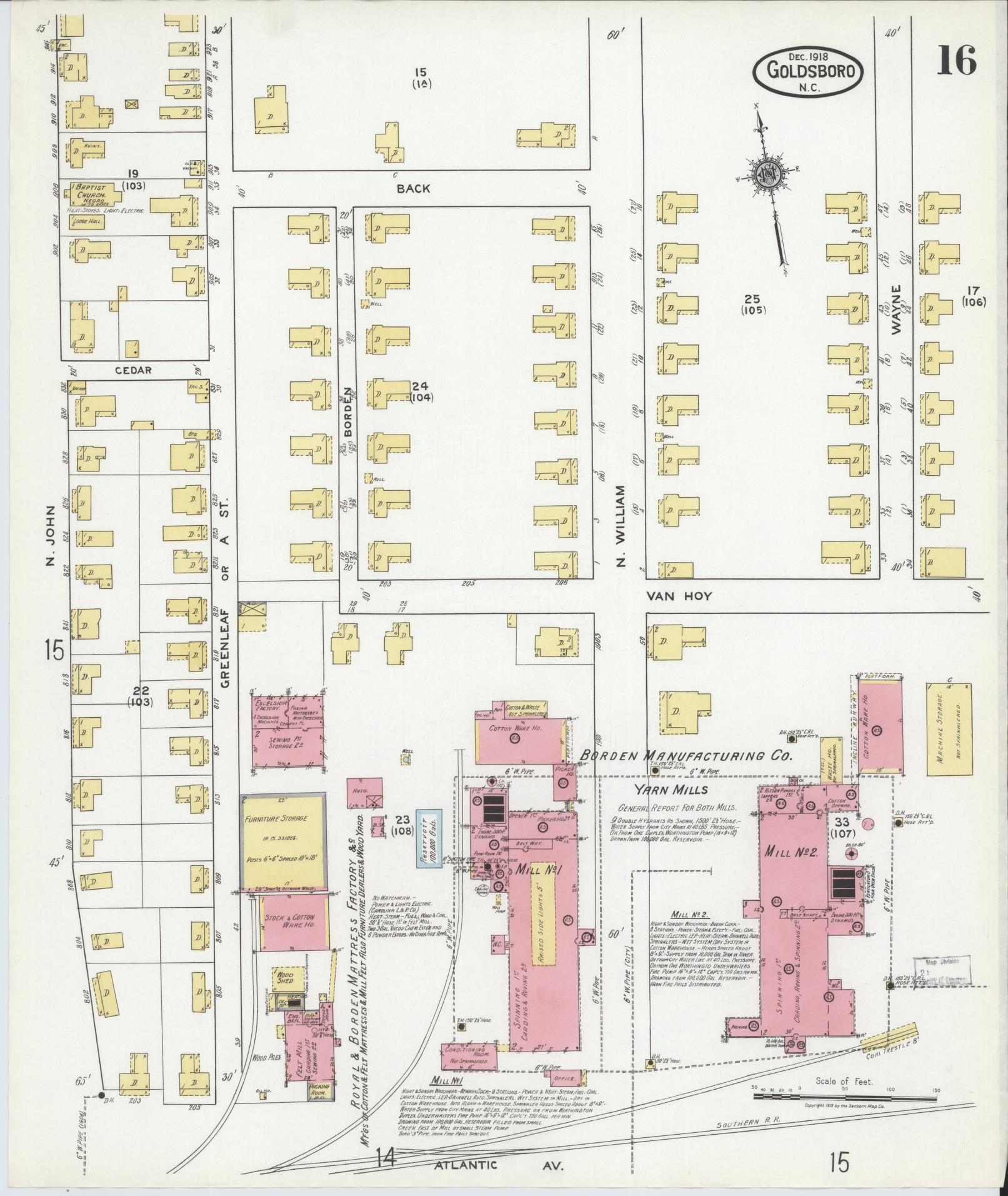 Sanborn Fire Insurance Map from Goldsboro, Wayne County, North Carolina (1918), Sheet #0016 - Complete Map Set gallery image, historic Sanborn map, vintage wall art, North Carolina North Carolina