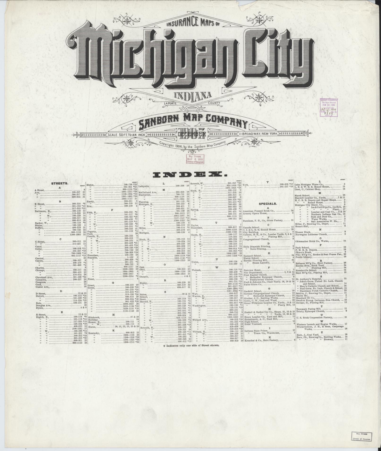 Sanborn Fire Insurance Map from Michigan City, La Porte County, Indiana (1905), Sheet #0001 - Historic Sanborn Fire Insurance Map Print, vintage old map wall art, antique decor, genealogy gift, Michigan Michigan map