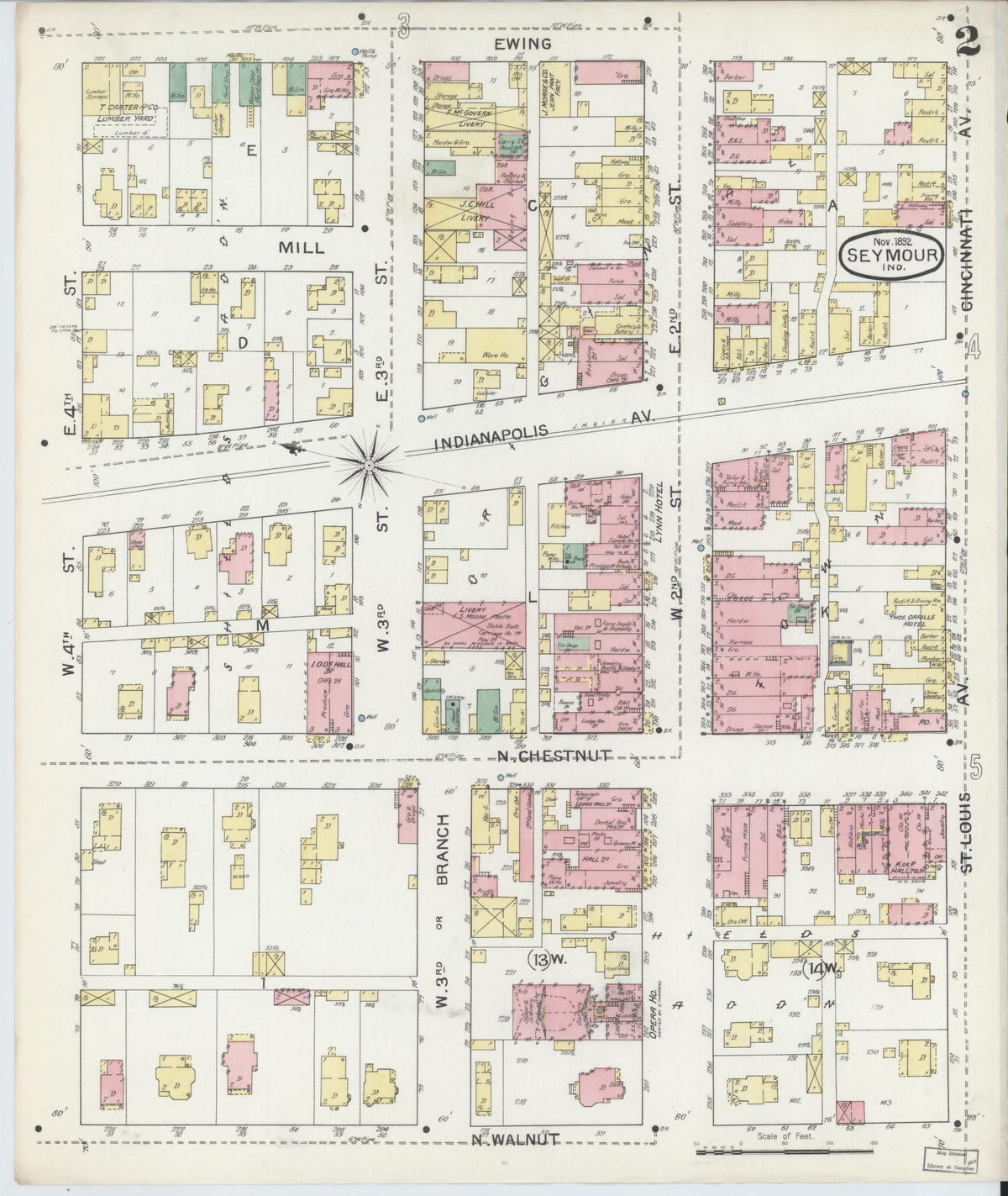 Sanborn Fire Insurance Map from Seymour, Jackson County, Indiana (1892), Sheet #0002 - Historic Sanborn Fire Insurance Map Print, vintage old map wall art, antique decor, genealogy gift, Indiana Indiana map