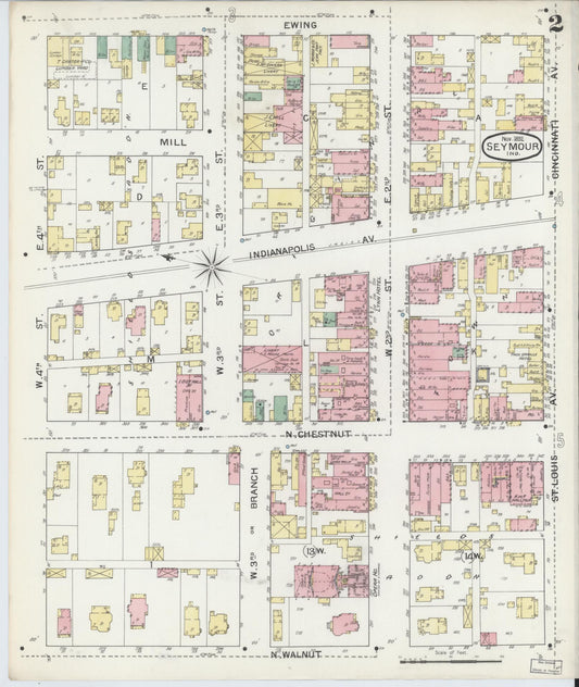 Sanborn Fire Insurance Map from Seymour, Jackson County, Indiana (1892), Sheet #0002 - Historic Sanborn Fire Insurance Map Print, vintage old map wall art, antique decor, genealogy gift, Indiana Indiana map