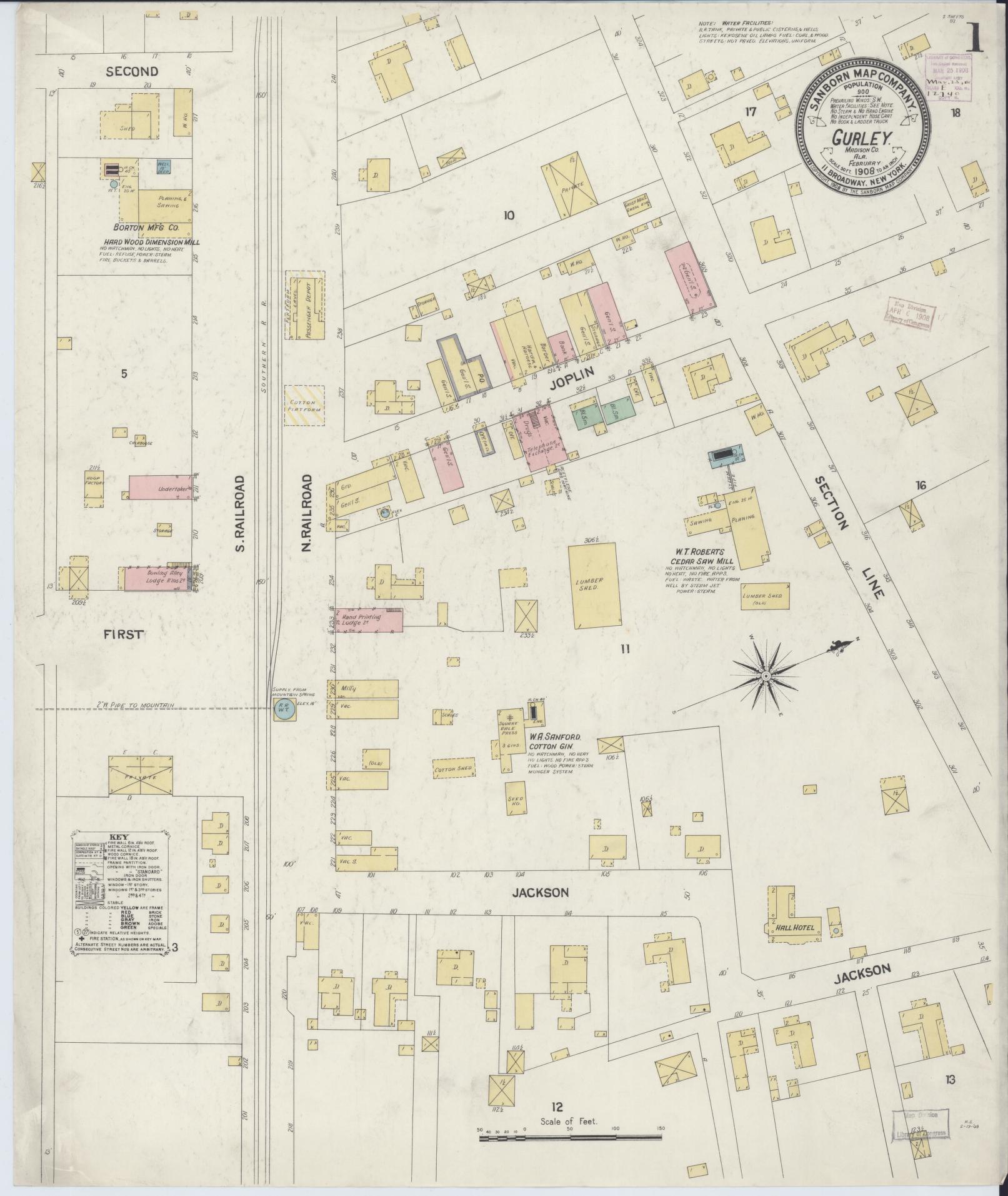 Sanborn Fire Insurance Map from Gurley, Madison County, Alabama (1908), Sheet #0001 - Historic Sanborn Fire Insurance Map Print, vintage old map wall art, antique decor, genealogy gift, Alabama Alabama map