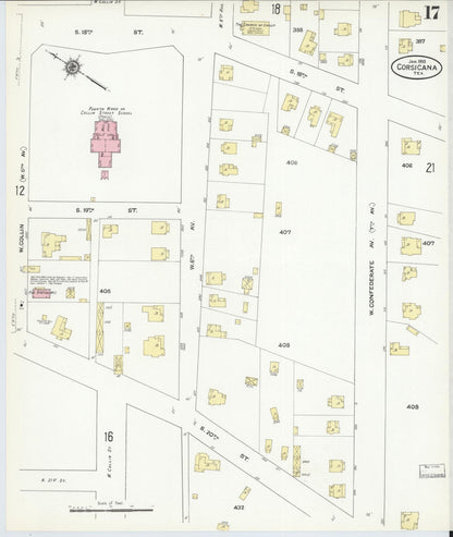 Sanborn Fire Insurance Map from Corsicana, Navarro County, Texas (1910), Sheet #0017 - Complete Map Set gallery image, historic Sanborn map, vintage wall art, Texas Texas