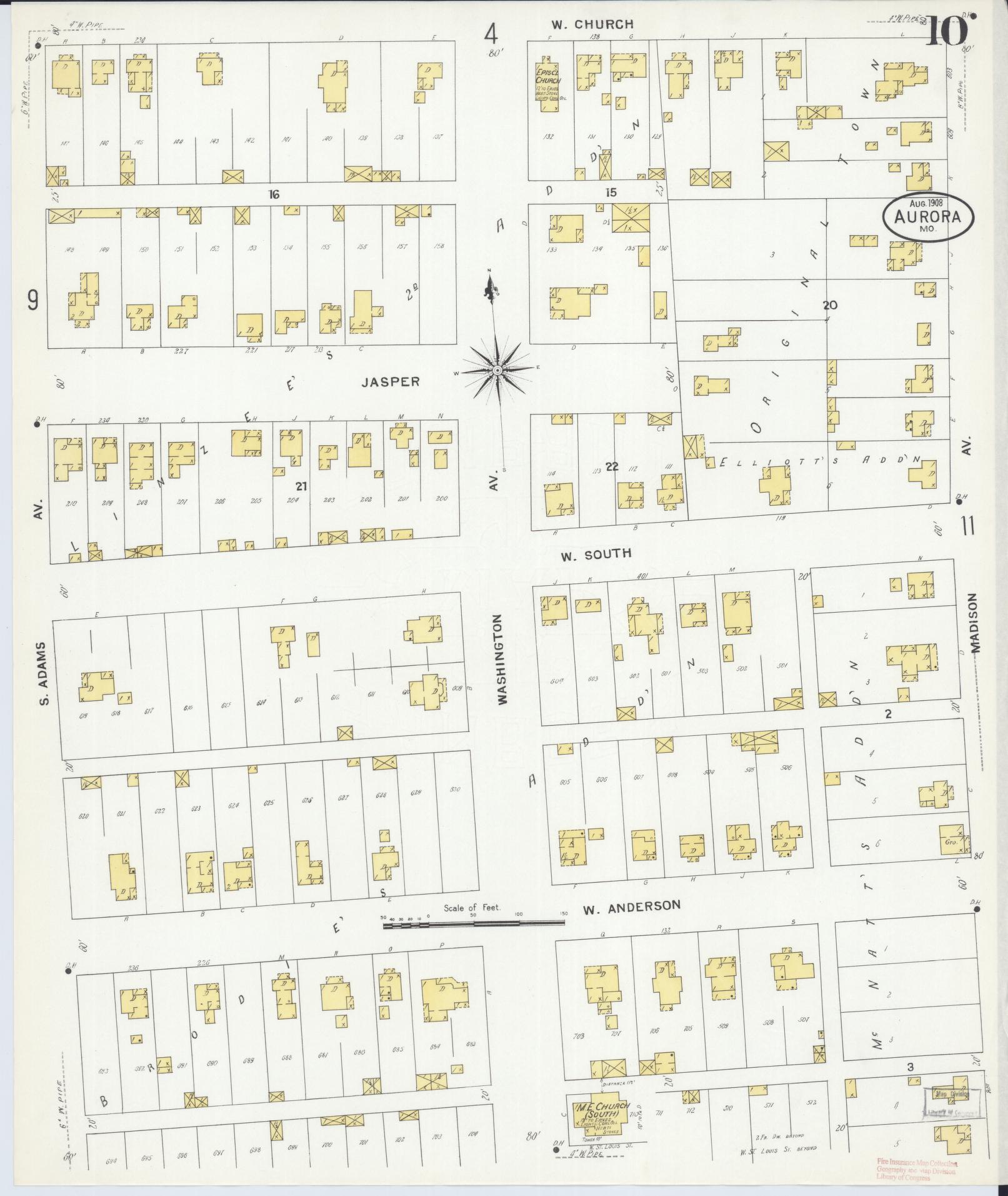 Sanborn Fire Insurance Map from Aurora, Lawrence County, Missouri (1908), Sheet #0010 - Historic Sanborn Fire Insurance Map Print, vintage old map wall art, antique decor, genealogy gift, Missouri Missouri map