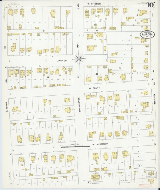 Sanborn Fire Insurance Map from Aurora, Lawrence County, Missouri (1908), Sheet #0010 - Historic Sanborn Fire Insurance Map Print, vintage old map wall art, antique decor, genealogy gift, Missouri Missouri map