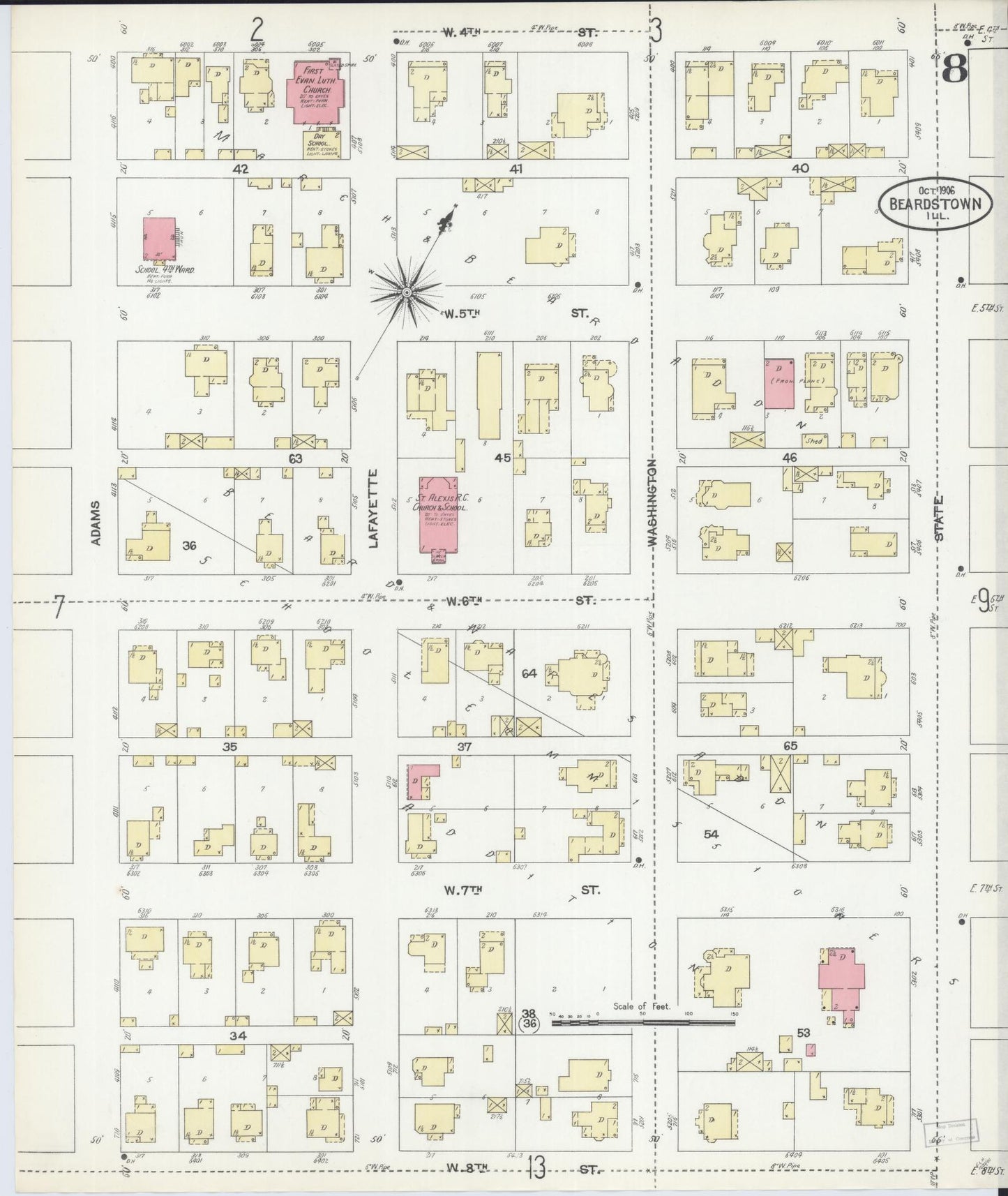 Sanborn Fire Insurance Map from Beardstown, Cass County, Illinois (1906), Sheet #0008 - Complete Map Set gallery image, historic Sanborn map, vintage wall art, Illinois Illinois