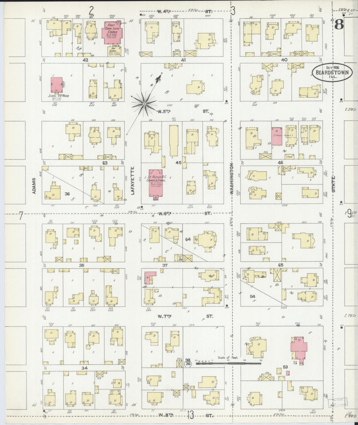 Sanborn Fire Insurance Map from Beardstown, Cass County, Illinois (1906), Sheet #0008 - Complete Map Set gallery image, historic Sanborn map, vintage wall art, Illinois Illinois