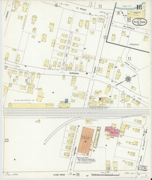 Sanborn Fire Insurance Map from Hyde Park, Norfolk County, Massachusetts (1911), Sheet #0018 - Historic Sanborn Fire Insurance Map Print, vintage old map wall art, antique decor, genealogy gift, Massachusetts Massachusetts map