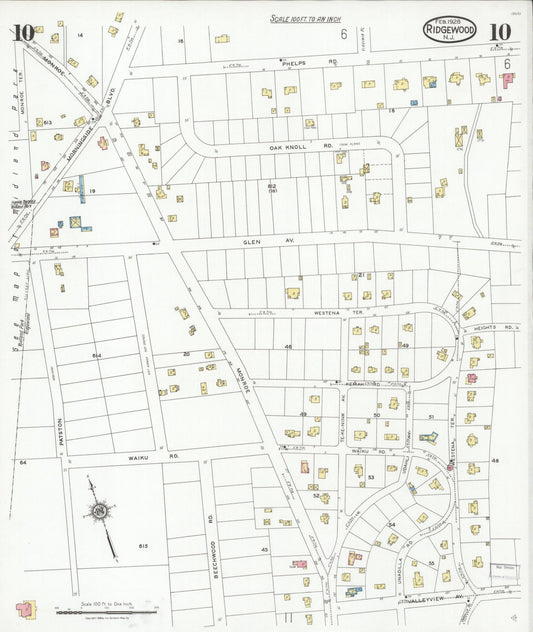 Sanborn Fire Insurance Map from Ridgewood, Bergen County, New Jersey (1928), Sheet #0010 - Historic Sanborn Fire Insurance Map Print, vintage old map wall art, antique decor, genealogy gift, New Jersey New Jersey map