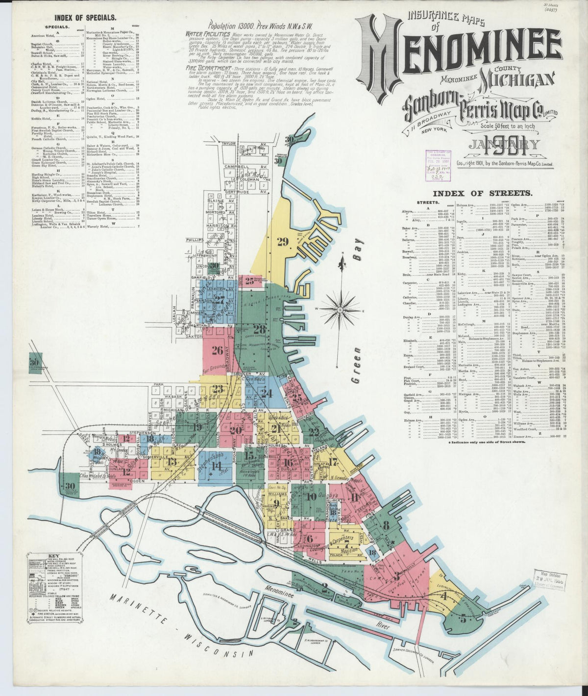 Sanborn Fire Insurance Map from Menominee, Menominee County, Michigan (1901), Sheet #0001 - Historic Sanborn Fire Insurance Map Print, vintage old map wall art, antique decor, genealogy gift, Michigan Michigan map