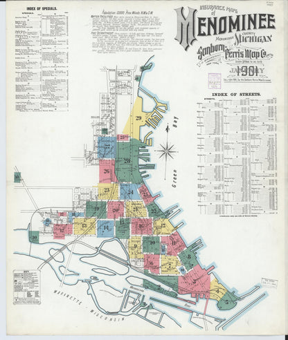 Sanborn Fire Insurance Map from Menominee, Menominee County, Michigan (1901), Sheet #0001 - Historic Sanborn Fire Insurance Map Print, vintage old map wall art, antique decor, genealogy gift, Michigan Michigan map