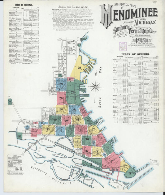Sanborn Fire Insurance Map from Menominee, Menominee County, Michigan (1901), Sheet #0001 - Historic Sanborn Fire Insurance Map Print, vintage old map wall art, antique decor, genealogy gift, Michigan Michigan map