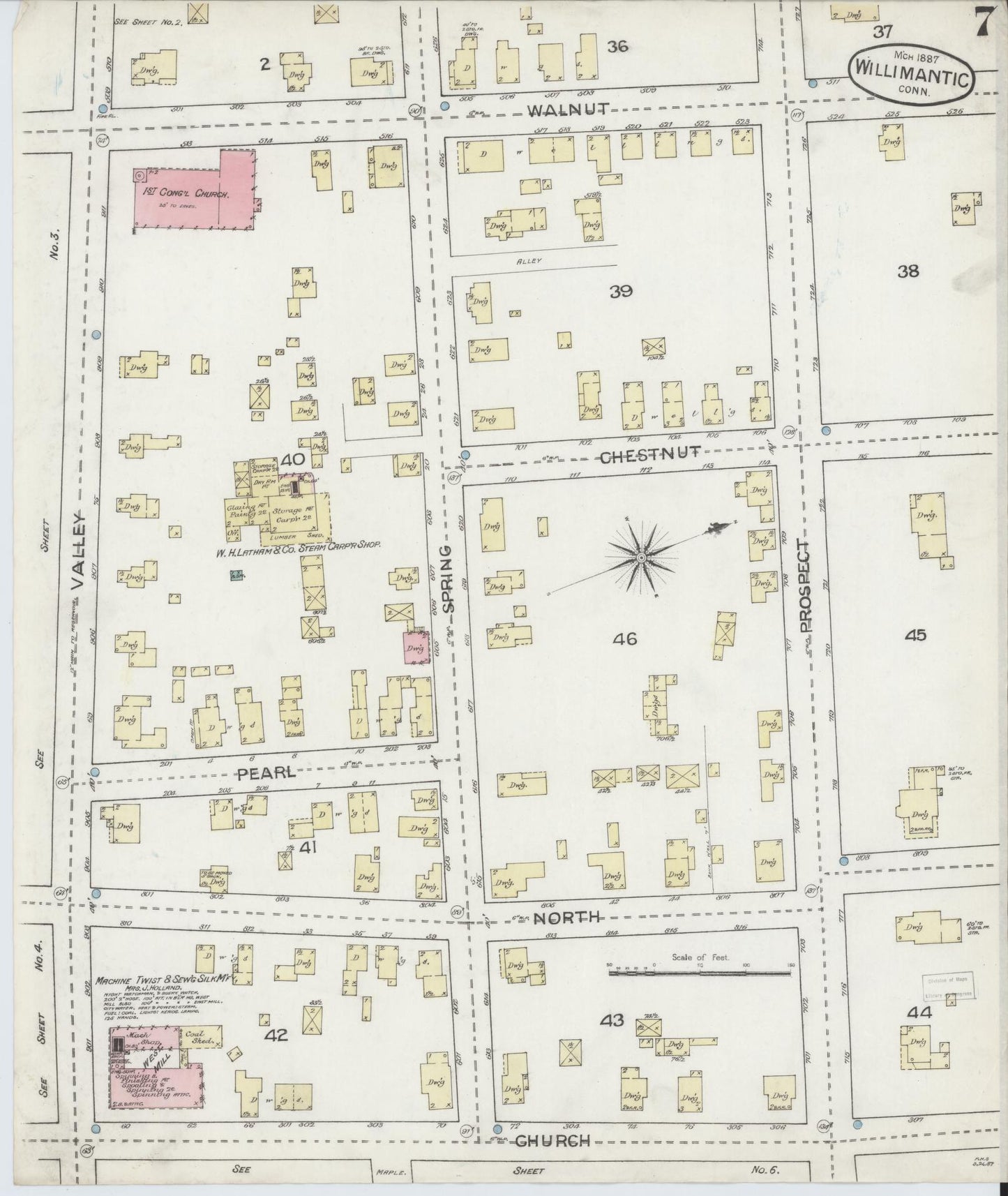 Sanborn Fire Insurance Map from Willimantic, Windham County, Connecticut (1887), Sheet #0007 - Historic Sanborn Fire Insurance Map Print, vintage old map wall art, antique decor, genealogy gift, Connecticut Connecticut map