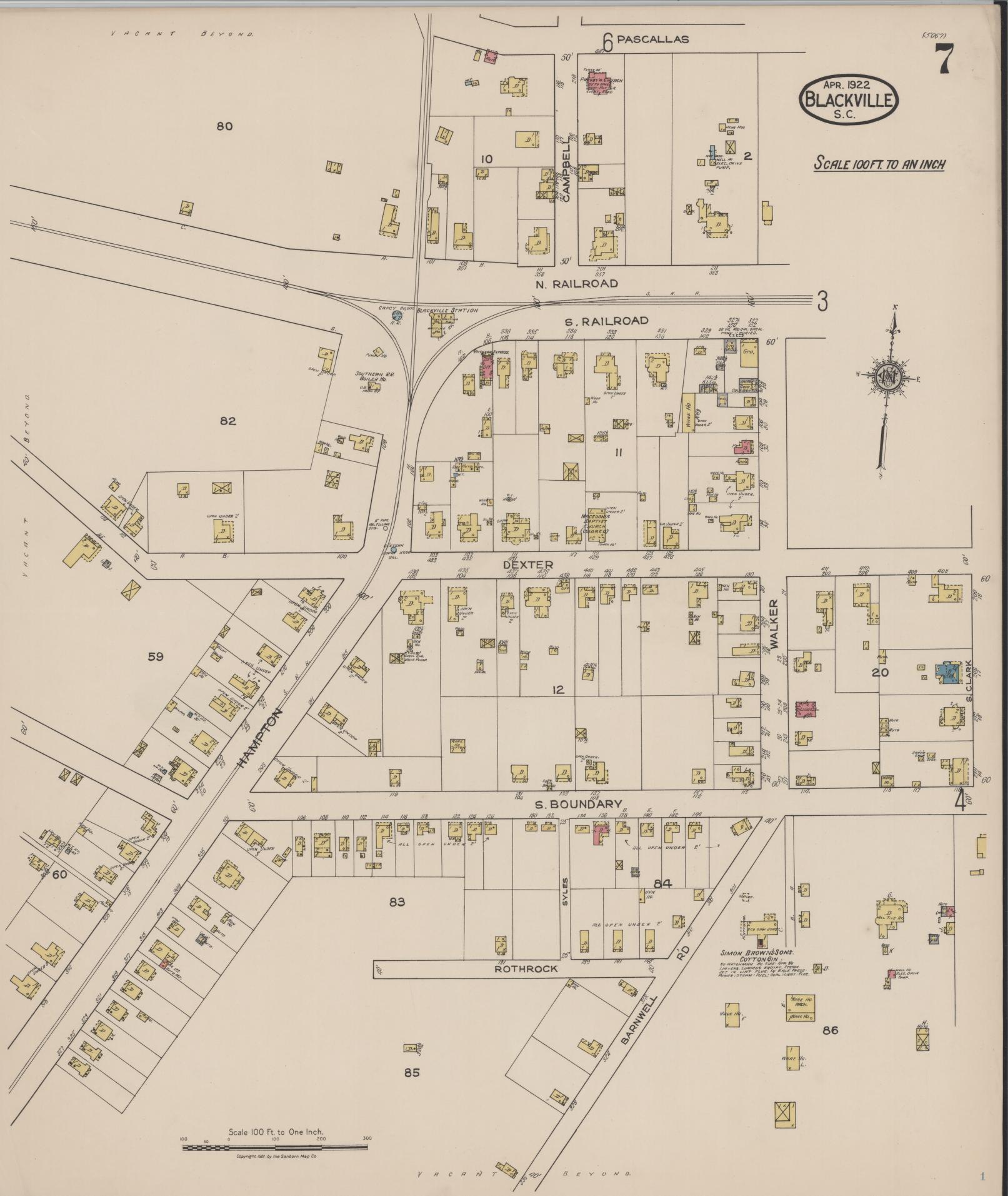 Sanborn Fire Insurance Map from Blackville, Barnwell County, South Carolina (1922), Sheet #0007 - Complete Map Set gallery image, historic Sanborn map, vintage wall art, South Carolina South Carolina